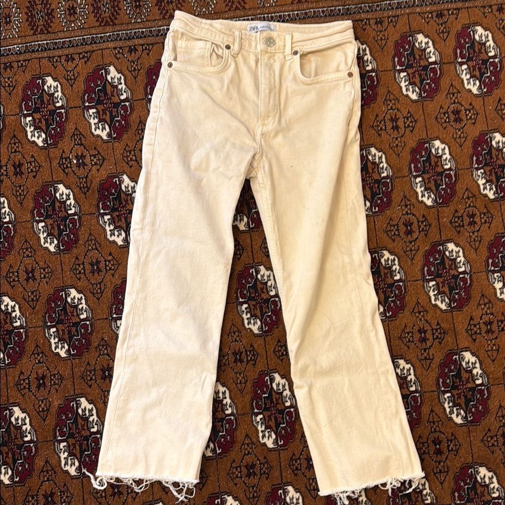 Zara Cream Straight Leg Jeans with Raw Hem
